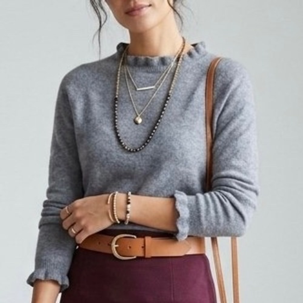 Garnet Hill 100% Cashmere Ruffle Neck Sweater Heathered Blue Gray XS Minimalist